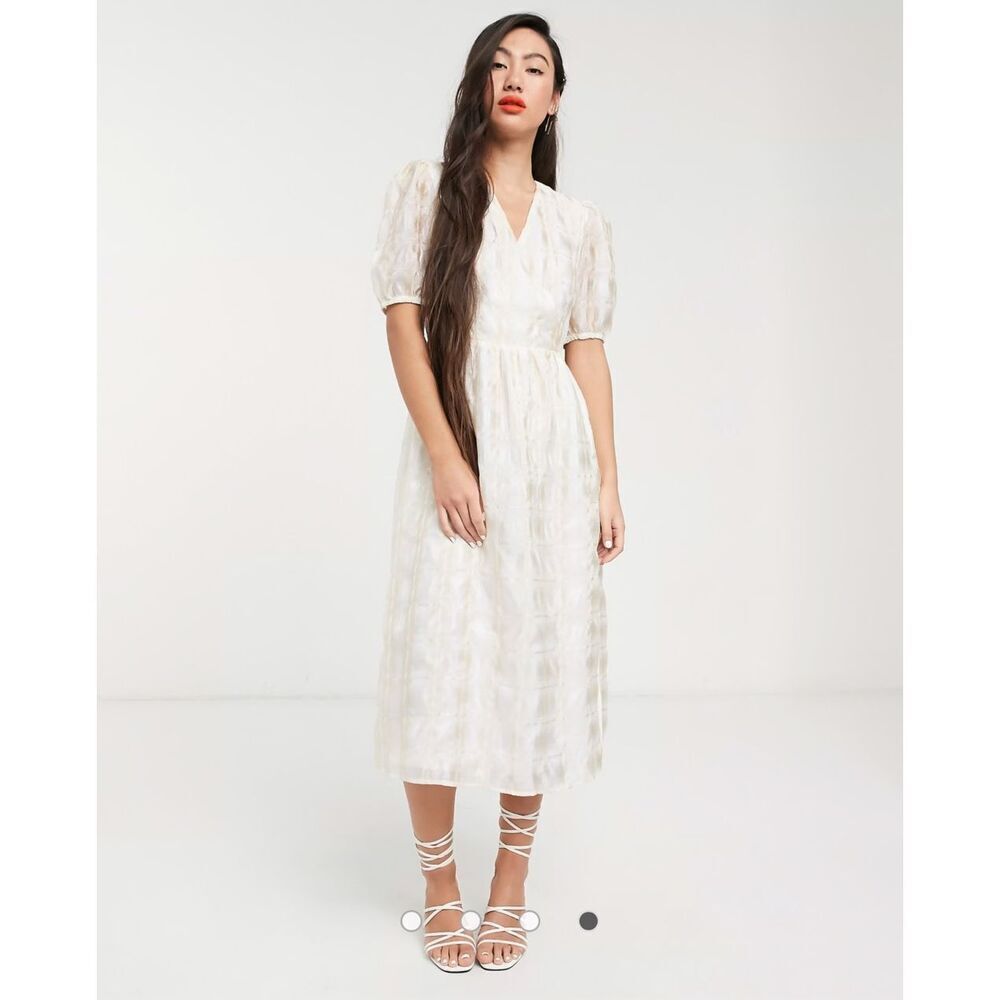Glamorous Bloom Faux Wrap Midi Dress Volume Sleeve in Organza Check Size 4 Cream